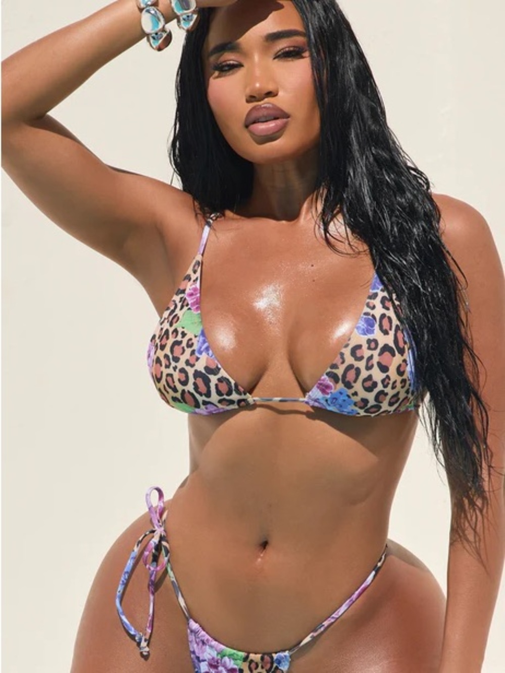 Leopard Floral Print Triangle Bikini Top and Bottom - Multicolor